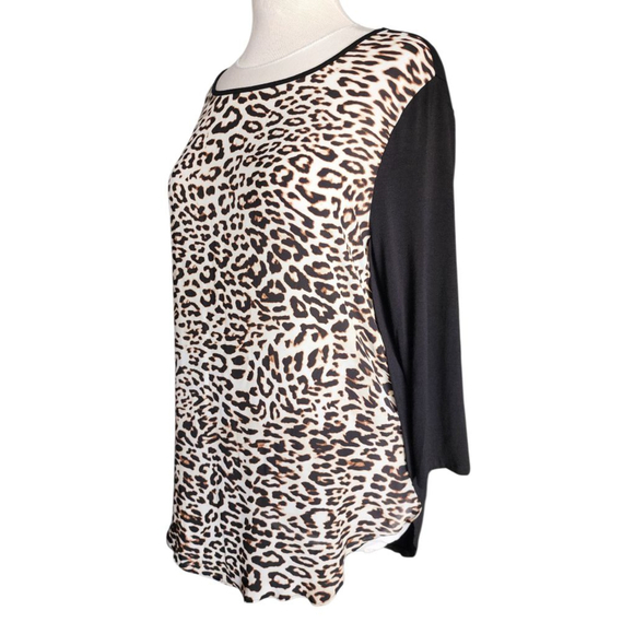 Chico's Leopard Print Tunic Top Size 2 (US 12/L) Black Contrast Sleeves High-Low - Picture 3 of 11